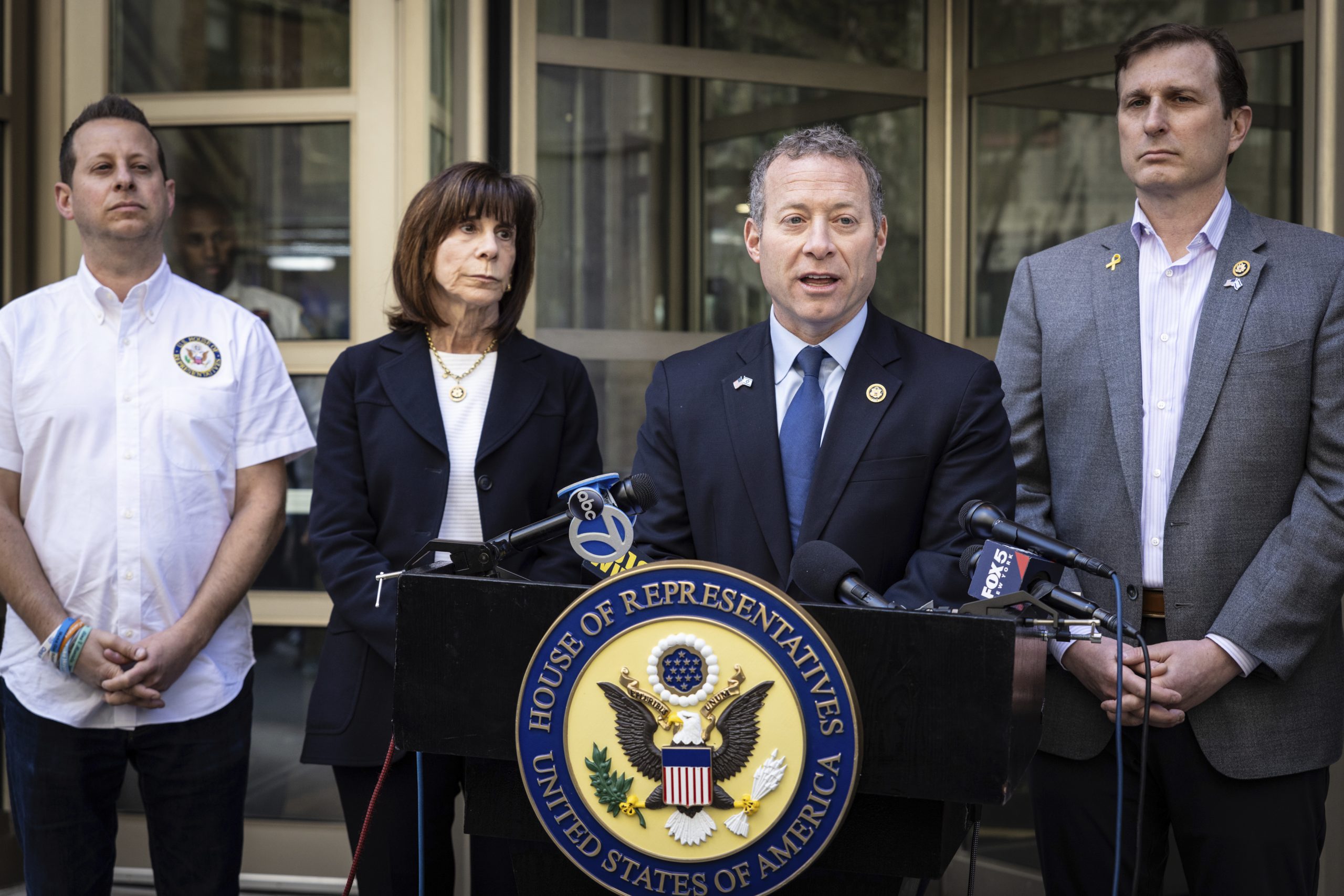Josh Gottheimer called for an end to the protests with, from left, fellow House Democrats Jared Moskowitz, Kathy Manning and Dan Goldman
